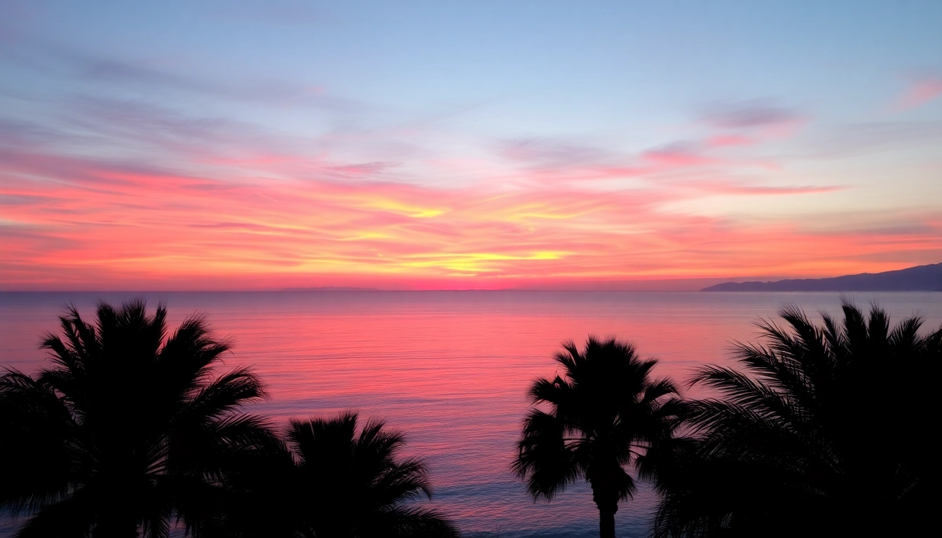 Stunning sunset view of Albania Holiday Destinations featuring palm trees and a tranquil coastline.