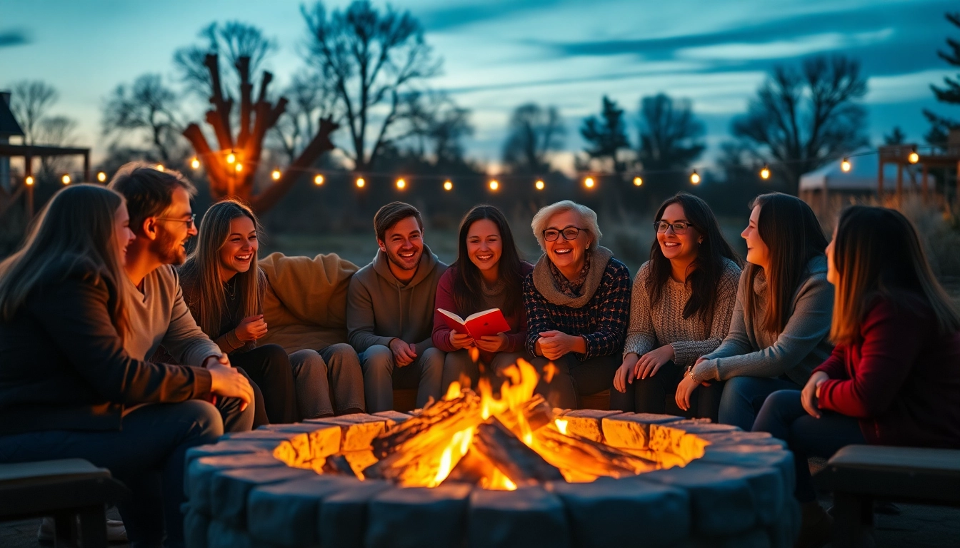 Celebrate Desire Connections as friends share laughs around a cozy fire pit in a warm glow.