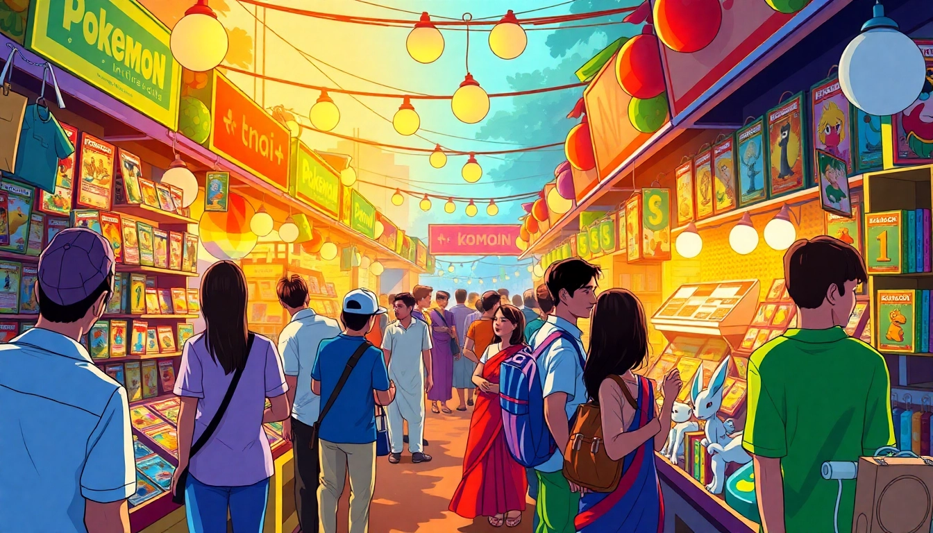 Discover a lively marketplace scene featuring Pokémon TCG India, showcasing vibrant card collections and enthusiastic collectors.