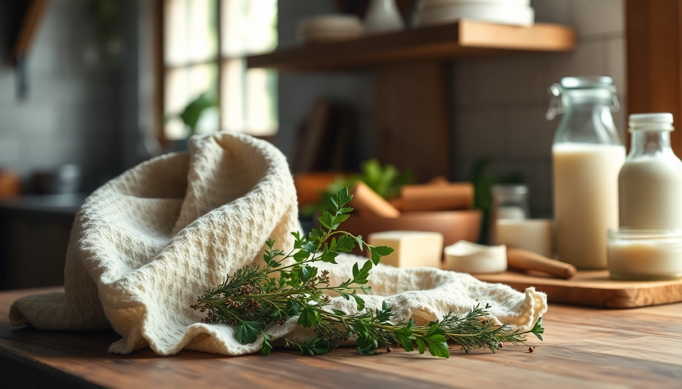 Kaasdoek in een moderne keuken, kunstzinnig opgesteld met kruiden en eetbare ingrediënten.
