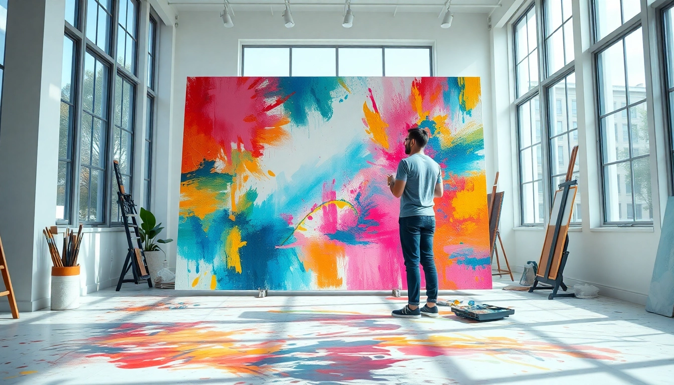 Creëer kleurrijke kunstwerken op een canvas in een inspirerende studio.