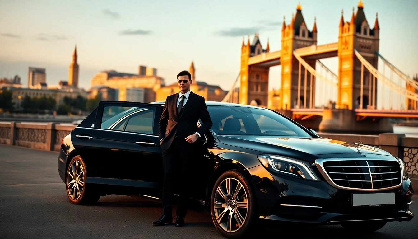 Private chauffeur London elegantly waiting by a luxury sedan near Tower Bridge.