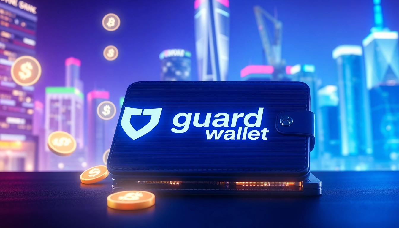 Showcasing the guarda wallet with cryptocurrency icons in a vibrant city skyline.