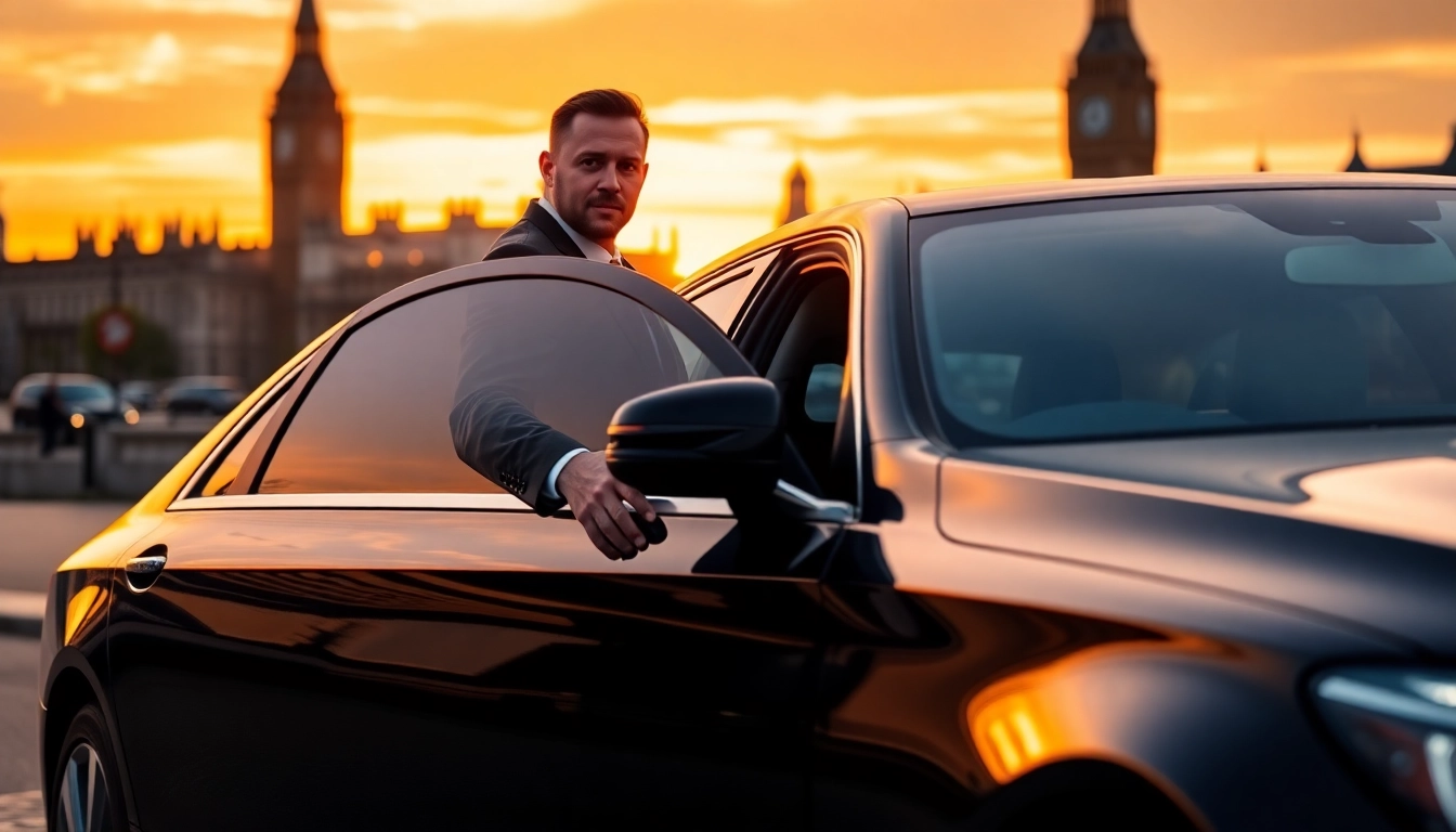 London chauffeur welcoming passengers to a luxury car against a stunning London skyline.