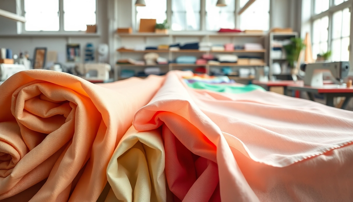 Katoen textiel rollen en stoffen in een sfeervolle werkplaats voor naaien.
