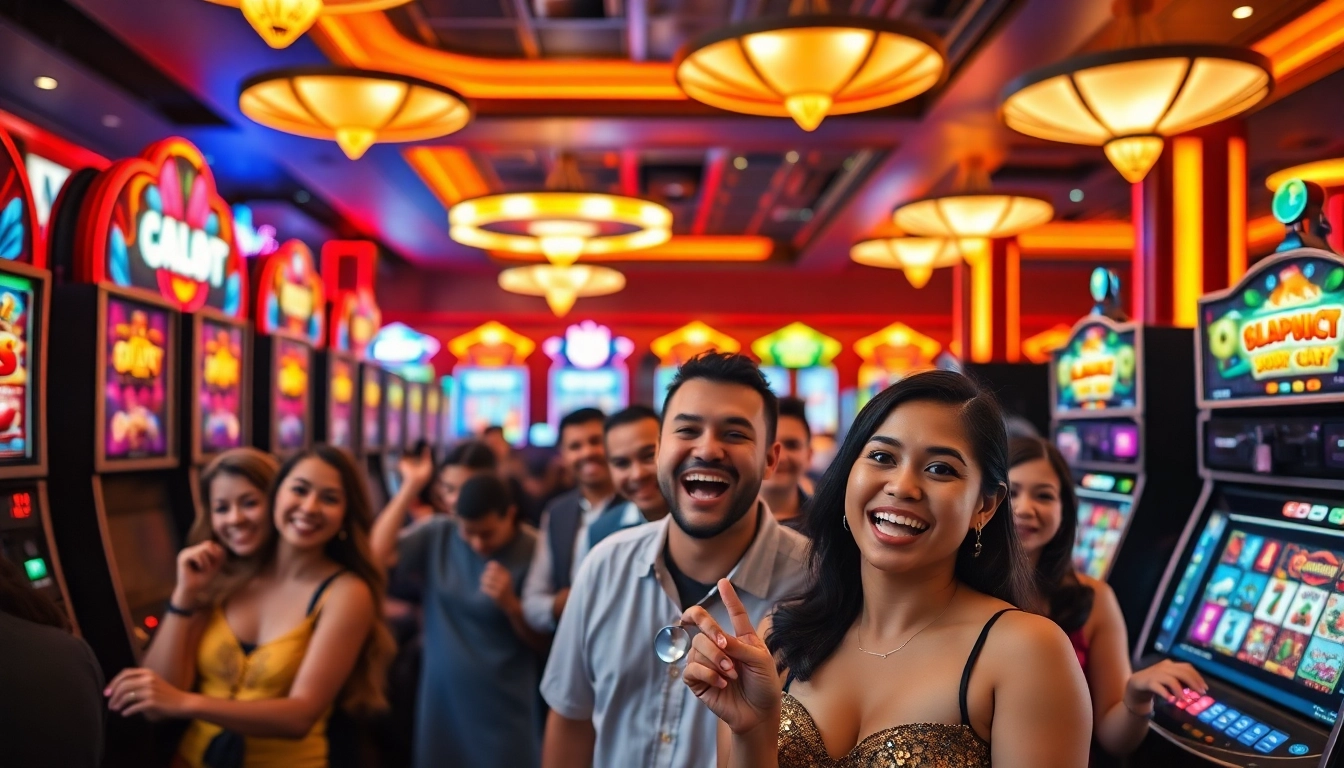 Menggambarkan pengalaman bermain qqmacan slot di kasino dengan suasana ceria dan penuh warna.