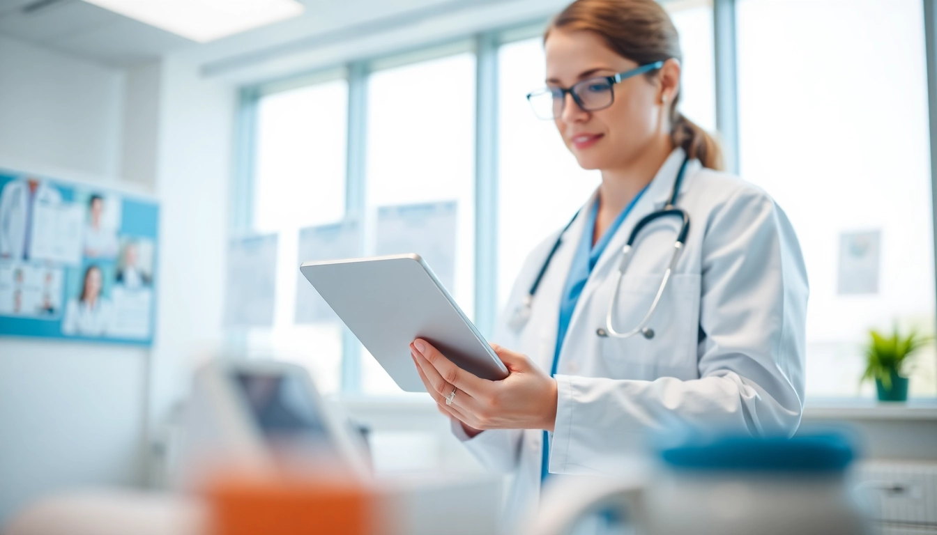 Reviewing ePrescription app reviews on a tablet in a healthcare setting to enhance patient care.