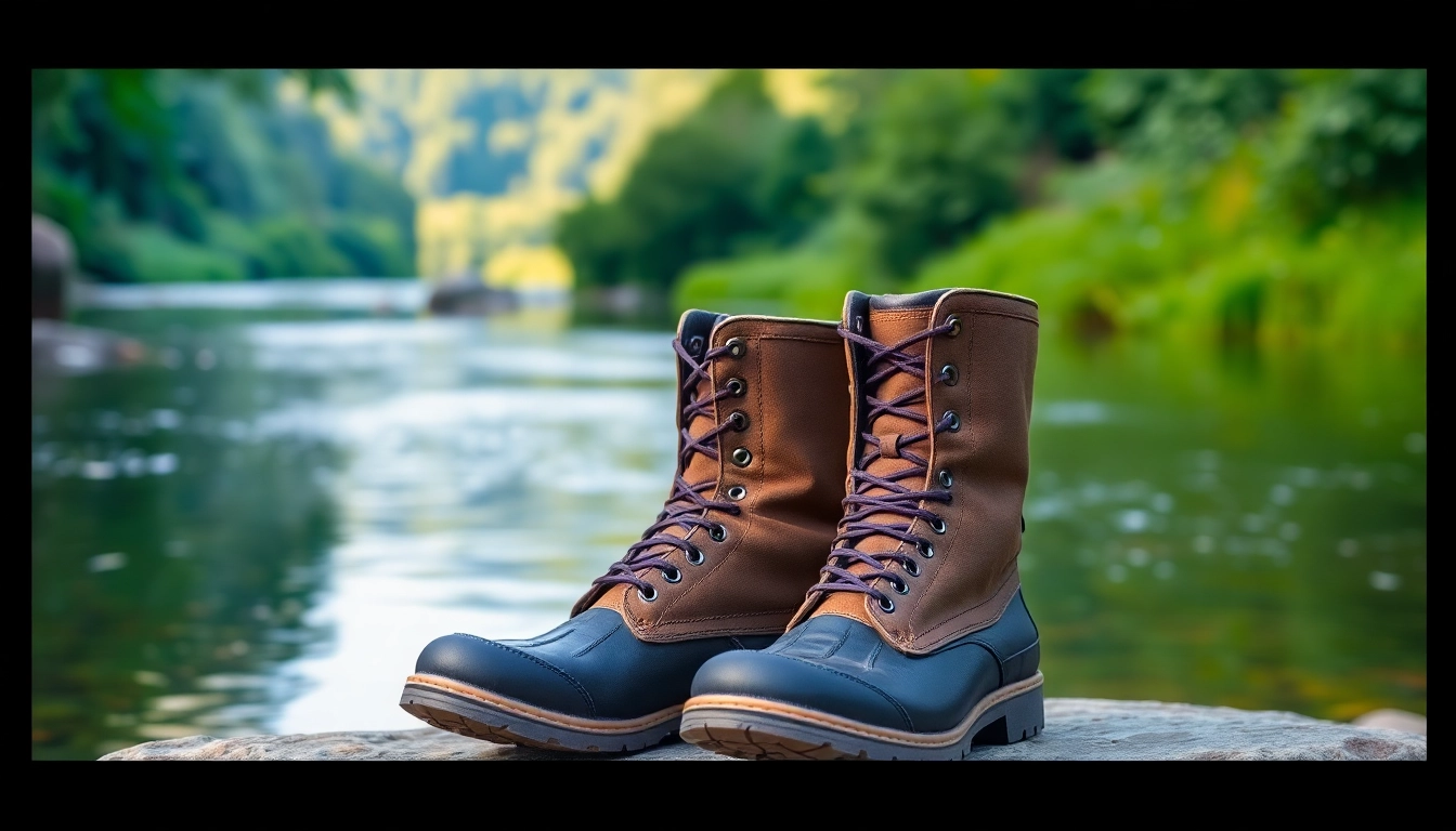 Showcase of Fly fishing boots highlights their features and durability in a natural river setting.