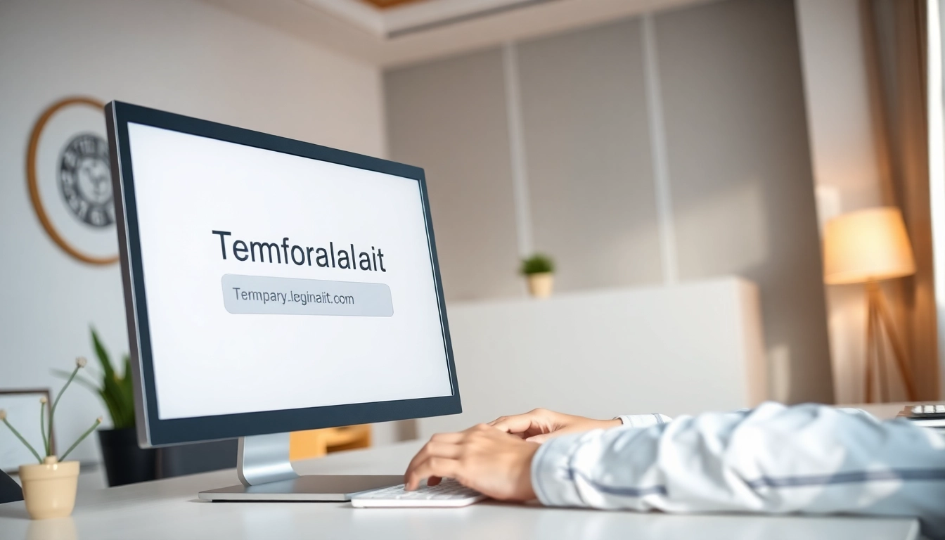 Utilize temporary email service showcased on a modern computer screen in a dynamic office setting.