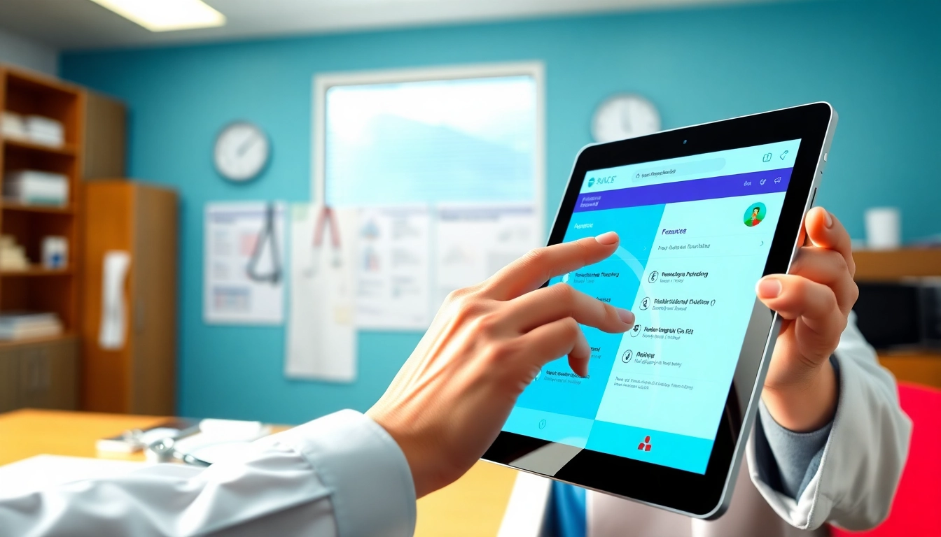 Highlighting features of eprescribing software in a doctor's hands within a modern healthcare environment.