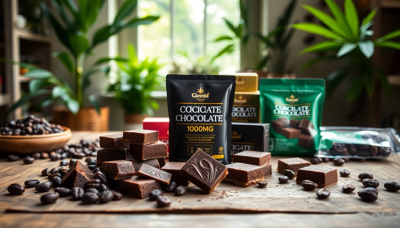 Indulge in rich chocolate edibles 1000mg, beautifully displayed with cacao ingredients.