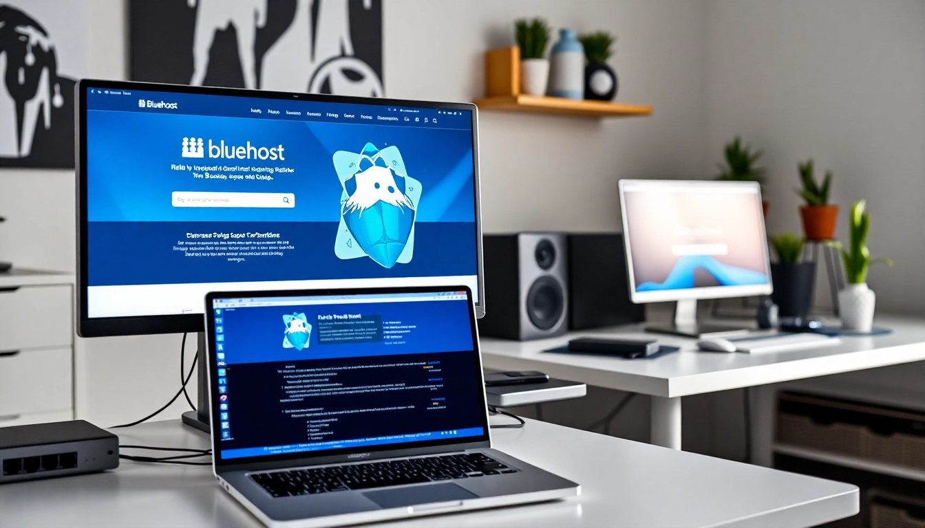 Showcasing a modern web hosting workspace dedicated to Bluehost with dual monitors and sleek equipment.