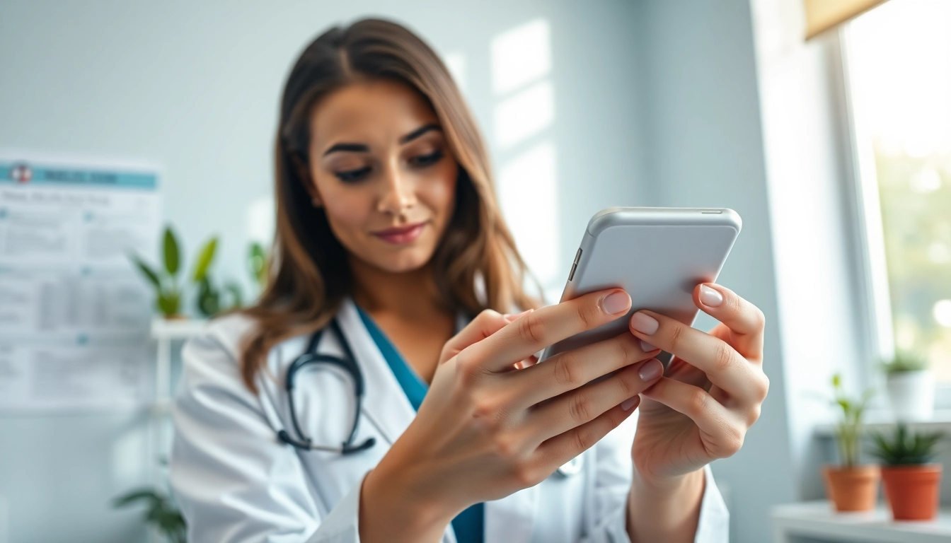 Engaging doctor explaining top rated prescription applications on a smartphone in a modern clinic.